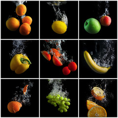 Obrazy na Plexi  Owoce i warzywa wpadające do wody z rozpryskami i bąbelkami. Zestaw zdjęć. Pojęcie czystej żywności. Promocja zdrowego odżywiania.