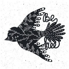 Vector typography poster with black flying bird with floral pattern inside. Be free. Romantic inspiration illustration. Greeting cards design, postcards template, t-shirts and bag print