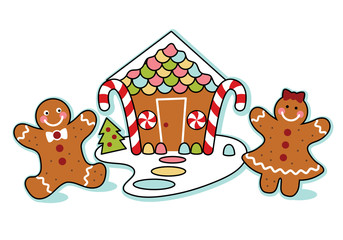 Gingerbread house, man, and woman illustration