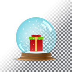 Snow globe. Transparent background. Snow and gift. Vector illust