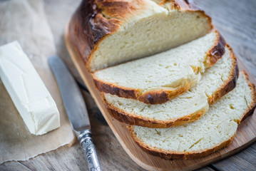 Brioche bread on the wooden board