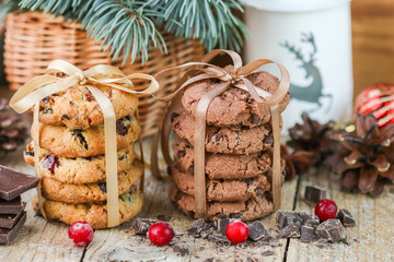 Chocolate cookies and biscuits with cranberries. Christmas gifts