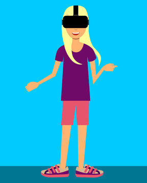 Happy teen girl with glasses of virtual reality. Vector illustration