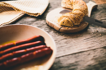 Fried sausages and bread