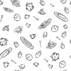 Seamless pattern background hand drawn sketch with dessert, cups, teapot and sugar bowl
