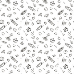 Seamless pattern background hand drawn sketch with dessert, cups, teapot and sugar bowl
