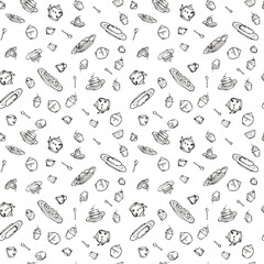 Seamless pattern background hand drawn sketch with dessert, cups, teapot and sugar bowl