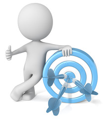 Thumbs up Target. Dude 3D character giving thumbs up holding blue dartboard with blue darts. 