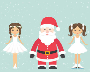 santa claus and girl ballerina and girl figure skating