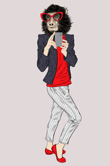 Selfie on smartphone. Fashion Hipster monkey