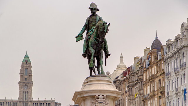 Liberdade square with monument of King Peter IV and Porto city hall timelapse hyperlapse, Porto, Portugal