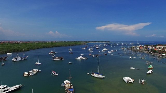Aerial view of yahts in bay. Summer time.