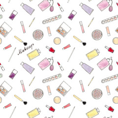 Watercolor Hand drawn sketch seamless pattern of makeup accessories on white