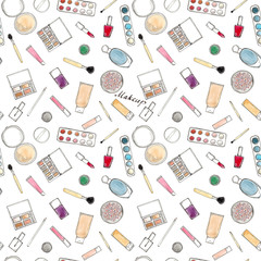 Watercolor Hand drawn sketch seamless pattern of makeup accessories on white