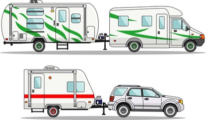 Fototapeta premium Set of car and travel trailers on a white background in flat style. Vector illustration