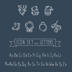 Set of Winter thin line hand drawing icons and element. New Year.  Christmas. Doodles object. Cartoon
