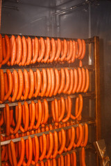 ..Sausages for hot dogs on the meat after Smoking it in a smokeh