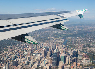 Fototapeta na wymiar View of Calgary Downtown Outside Airplane Window