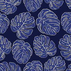 Seamless floral pattern with isolated palm leafs on blue background.