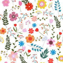 Floral seamless pattern with colorful flowers on white background.