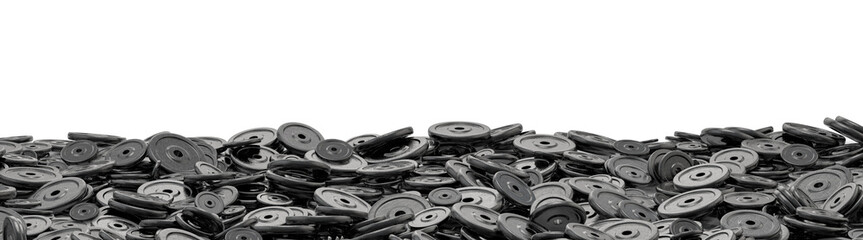 Weight plates pile / 3D render of hundreds of heavy weight plates