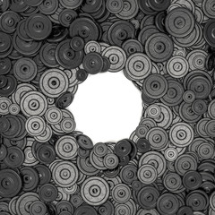 Weight plates frame / 3D render of hundreds of heavy weight plates framing copy space