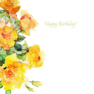 Greeting card, invitation, banner. Frame for your text with yellow roses drawn watercolor Vector illustration.