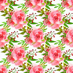 Seamless floral pattern with isolated flowers and leafs drawn watercolor