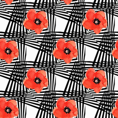 Geometric black and white seamless pattern with isolated red flowers