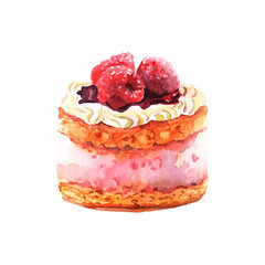 Сake with berries drawn watercolor. Design for card, banners.