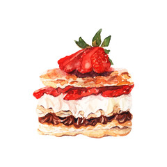 Cake with berries drawn watercolor. Design for banners and cards.
