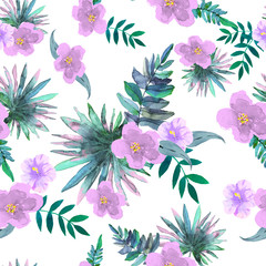 Seamless floral pattern with lilac flowers and palm leafs drawn watercolor.