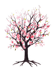 Fototapeta premium Tree with pink flowers drawn watercolor. Design for banners and cards.