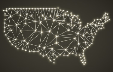 Abstract polygonal  map USA with glowing dots and lines, network connections. Vector illustration. Eps 10