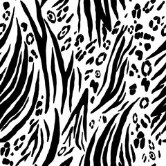 Black and white animal seamless pattern drawn watercolor