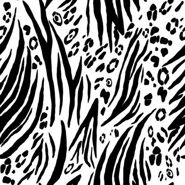 Black and white animal seamless pattern drawn watercolor