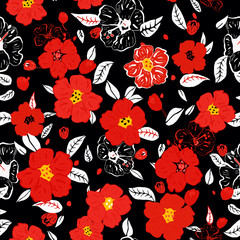 Floral seamless pattern with red flowers on black background