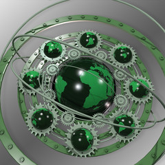 Global Green Enterprise. Globes and sprockets form a symbol for green industry