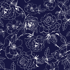 Floral seamless pattern with black blue roses and white outline