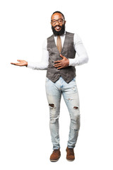 full body cool black man doing a welcome gesture