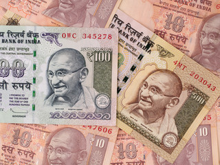 Indian rupees banknotes background, India money closeup