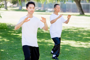 People practicing thai chi in park