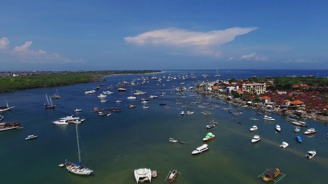 Aerial view of yahts in bay. Summer time.