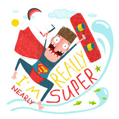 Kitesurfing caricature superman character happy jump