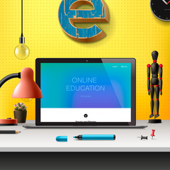 Online learning concept, workspace with computer