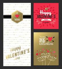 Valentines day retro greeting card set gold pink