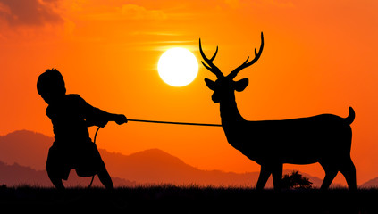 Fototapeta na wymiar silhouette of kid boy play with Reindeer sunset background