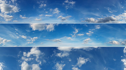 Three beautiful sky panoramas, cloudscape over horizon.