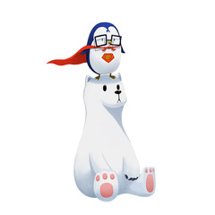 Illustration: The Super Penguin and Polar Bear isolated on White Background. Realistic Fantastic Cartoon Style Artwork / Story / Scene / Wallpaper / Background / Card Design