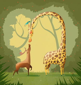 Love Illustration: The Deer and The Giraffe. Realistic Fantastic Cartoon Style Artwork / Story / Scene / Wallpaper / Background / Card Design